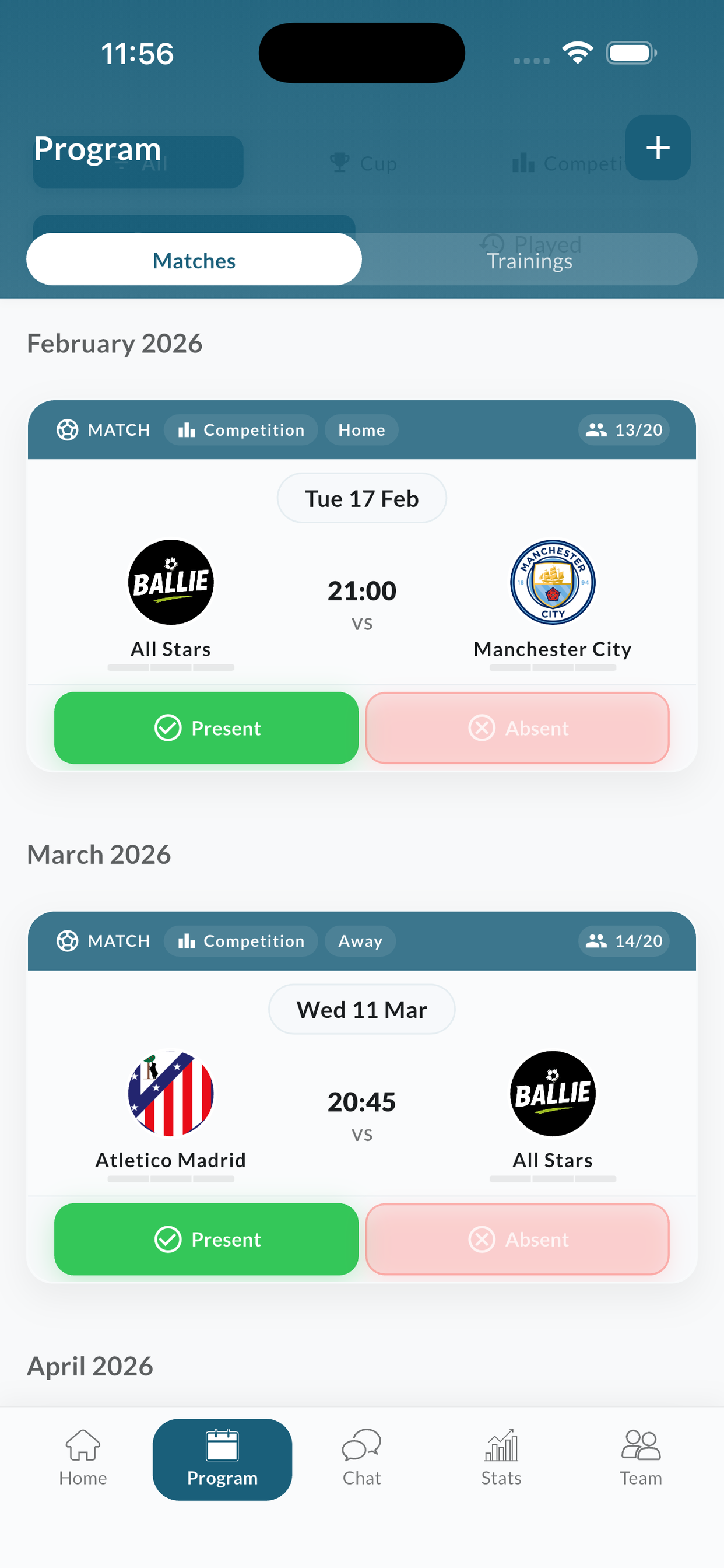 Ballie schedule showing upcoming matches with team logos and one-tap attendance