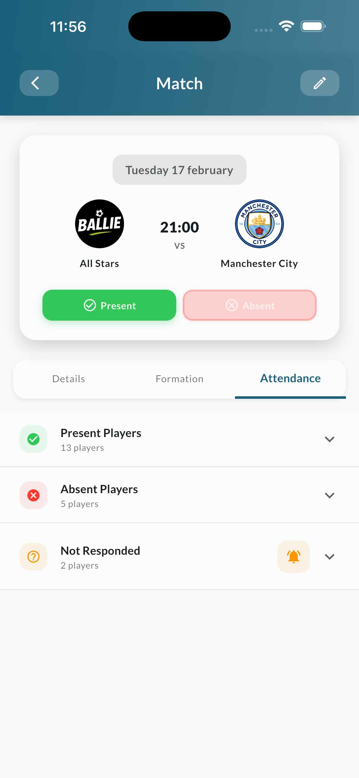 Ballie match attendance overview showing present, absent and not responded players with verified check-in